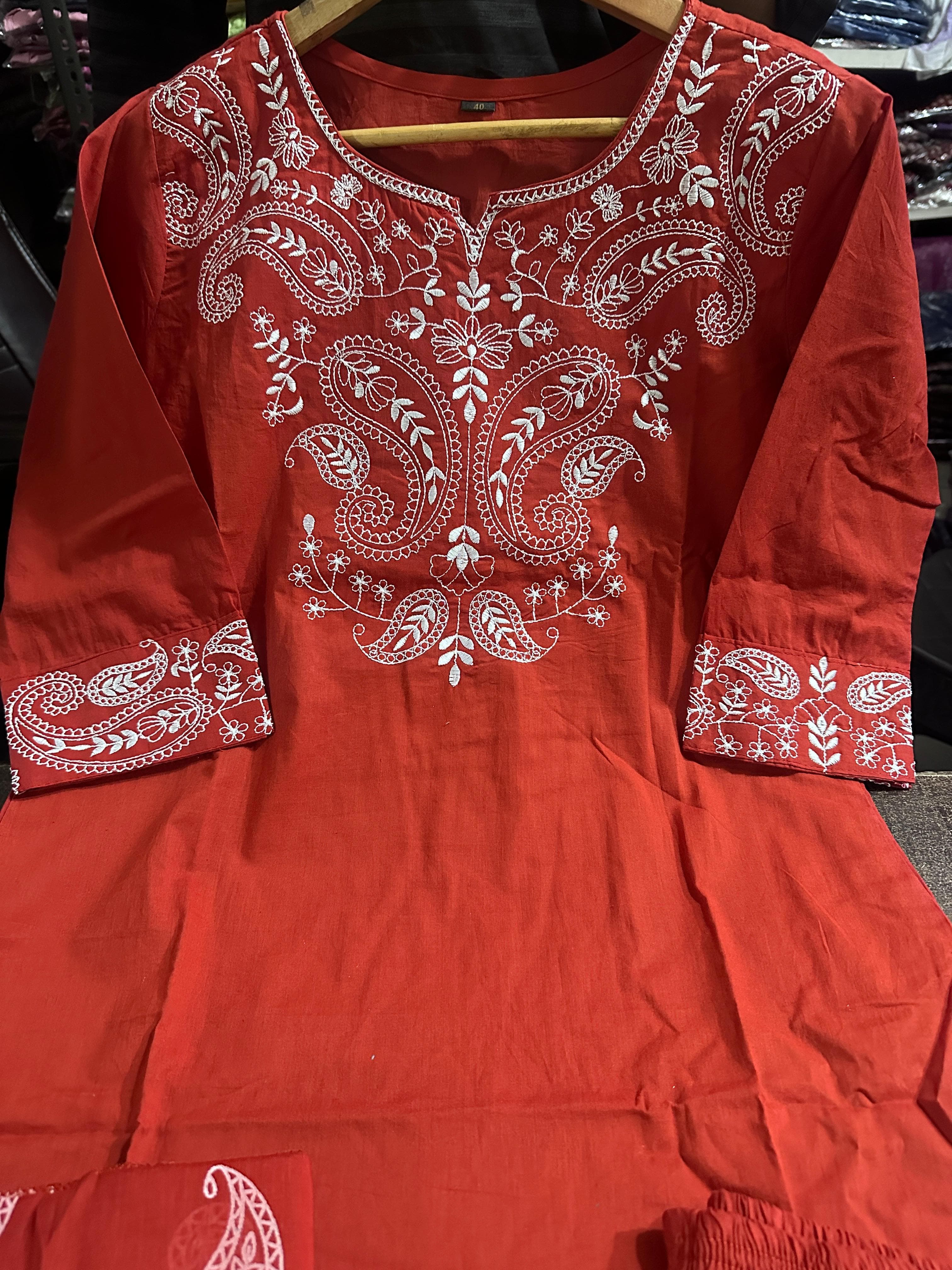 Premium Embroidered Cotton Kurti, Pants and Dupatta Set