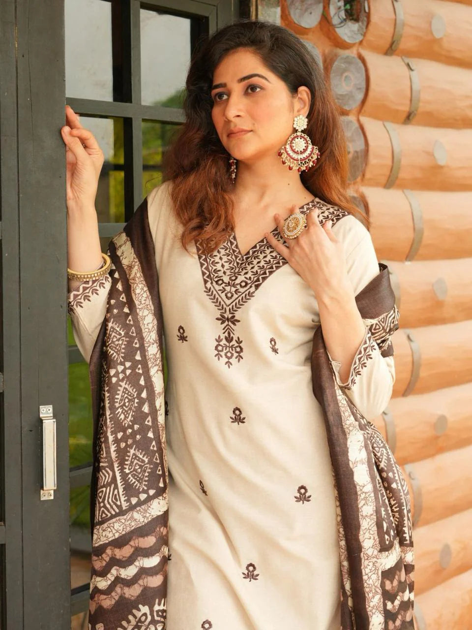 JAIPUR Beige Printed Khadi Cotton Kurta Set