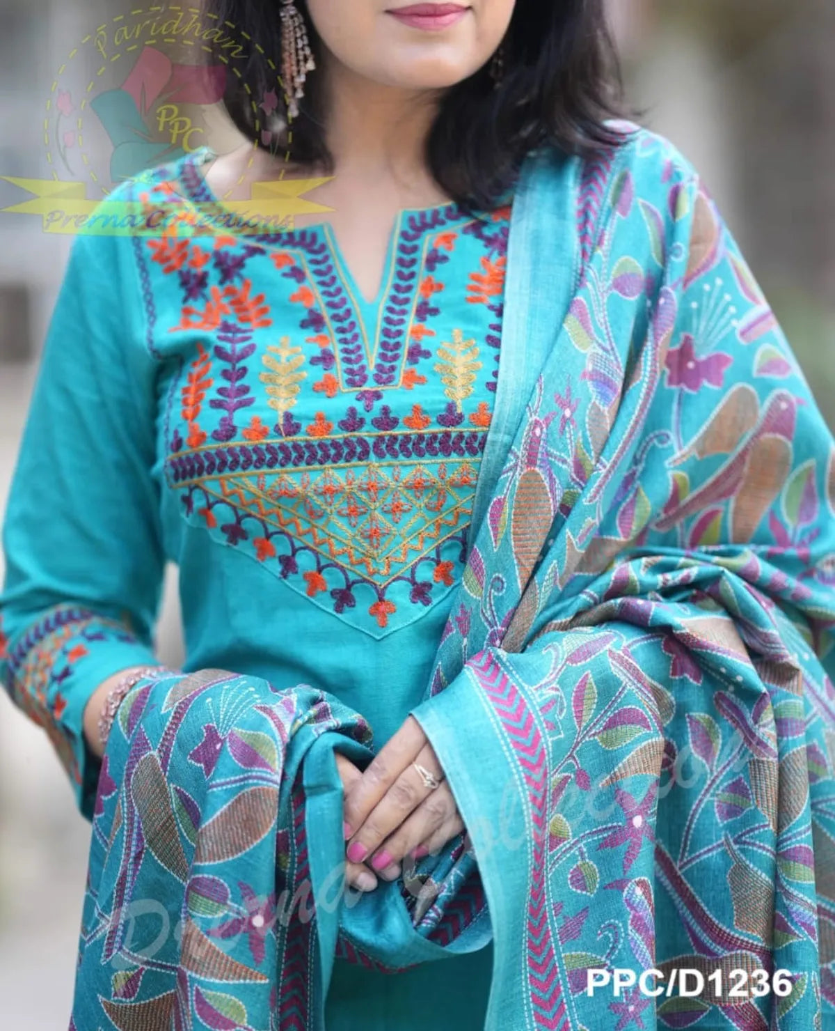 Elegant Blue Cotton Embroidered Kurta Set with Khaddar Silk Dupatta