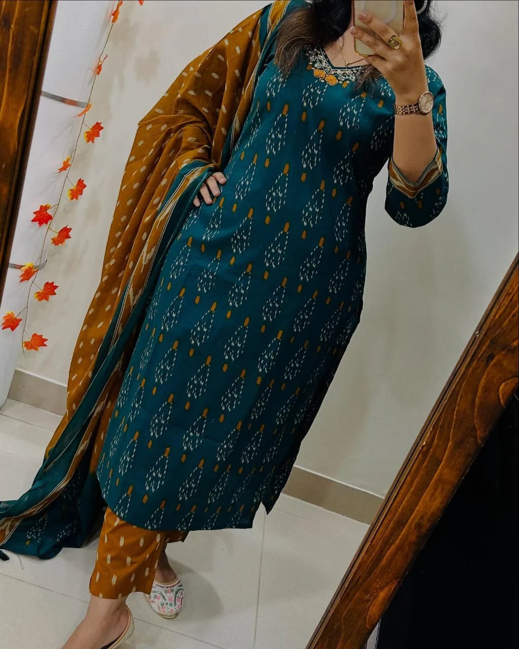 Elegant Teal & Mustard Ikat Print Cotton Suit Set