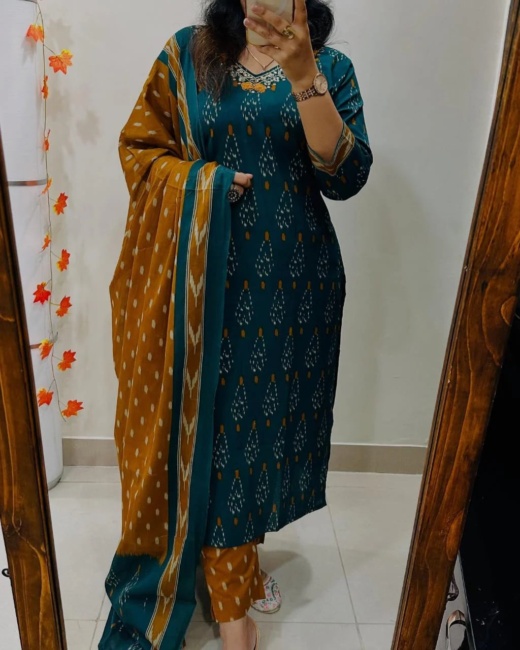 Elegant Teal & Mustard Ikat Print Cotton Suit Set