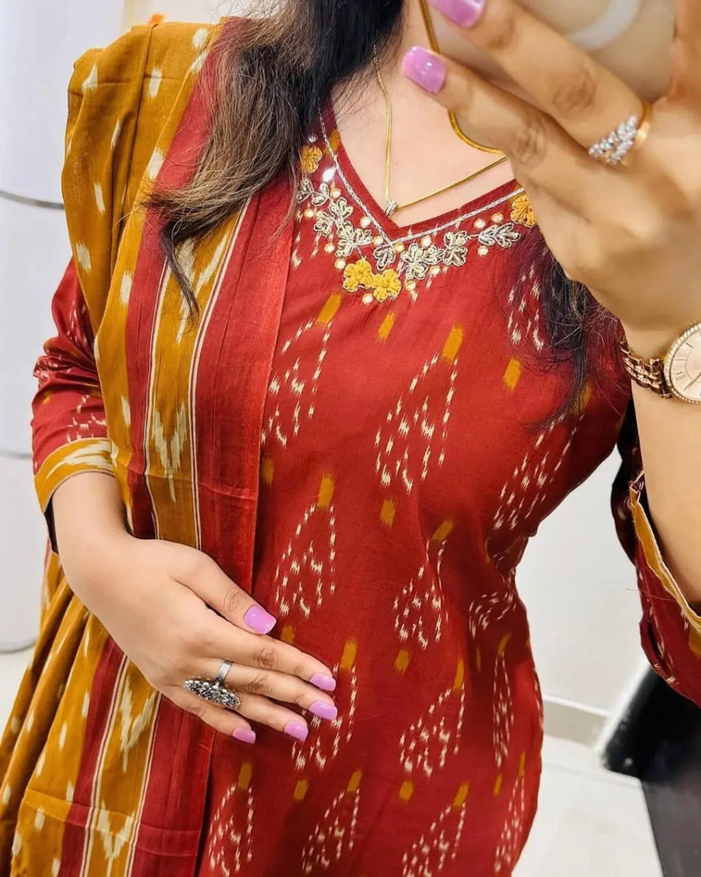 Elegant Ikat Print Kurti Set With Dupatta