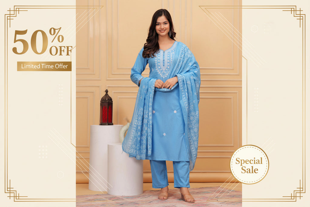 Sky Blue Embroidered Kurti Pant Dupatta Set for Women | Elegant Ethnic Wear