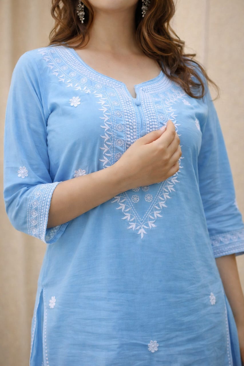 Sky Blue Embroidered Kurti Pant Dupatta Set for Women | Elegant Ethnic Wear